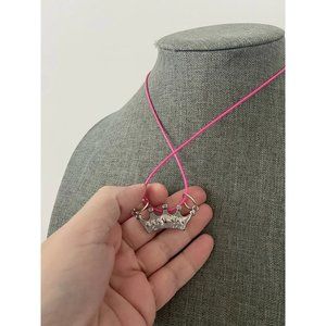 Upcycled pink rhinestone crown necklace silver tone
